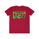 Printify eco-friendly men t-shirt in red with green Mister Lucky text and shamrock design