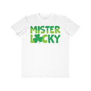 Printify eco-friendly men t-shirt in white with green Mister Lucky text and shamrock design