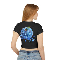Printify eco friendly womens crop top black with blue water bubble apple design on back