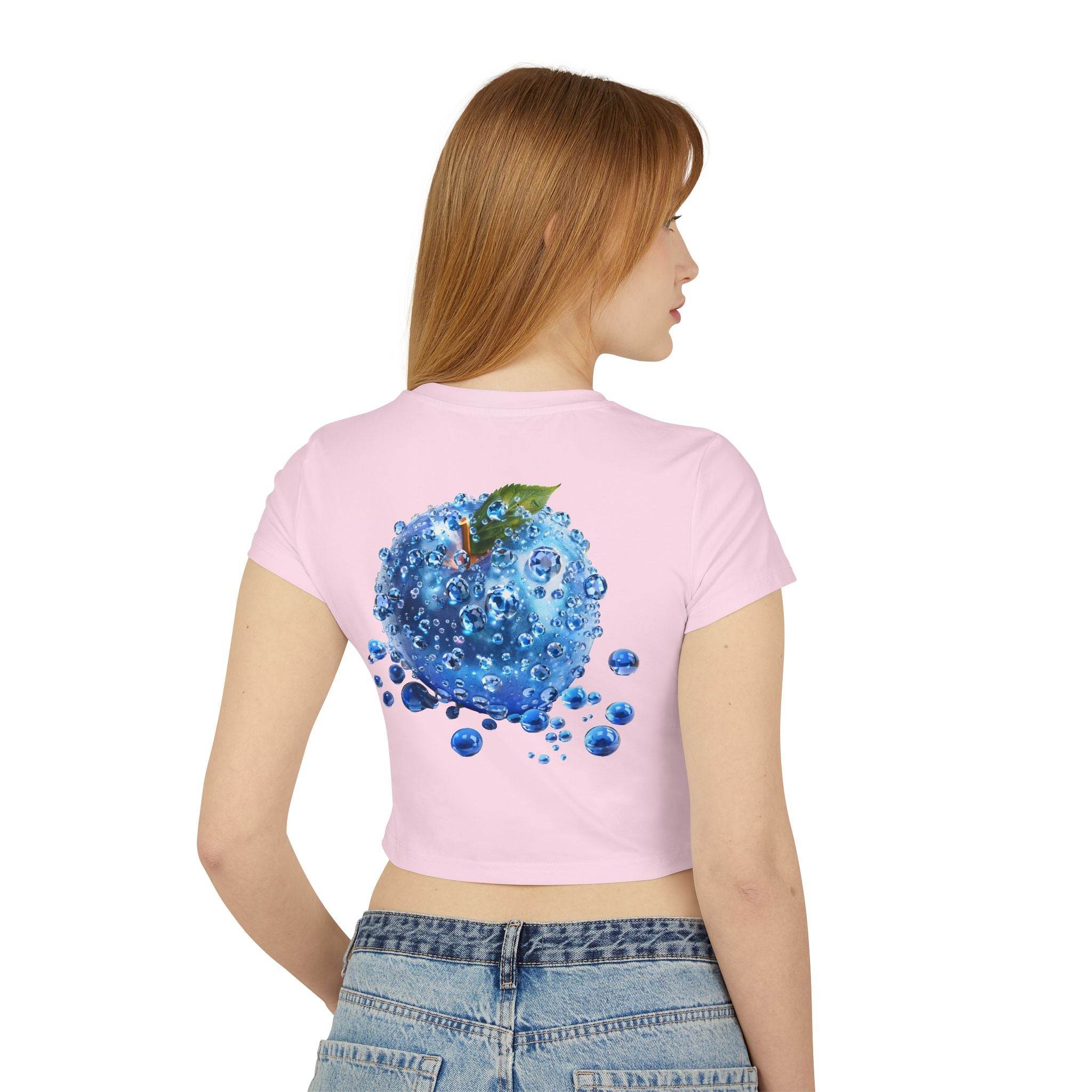 Printify eco friendly womens crop top in light pink with blue water bubble apple design on back