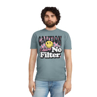 Printify eco-friendly unisex faded shirt with caution I have no filter graphic design