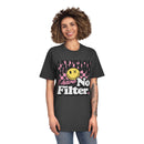 Printify eco-friendly unisex faded shirt with graphic text and smiley face design worn by a smiling woman