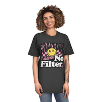 Printify eco-friendly unisex faded shirt with graphic text and smiley face design worn by a smiling woman