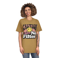 Printify eco-friendly unisex faded shirt with caution graphic and no filter text in brown