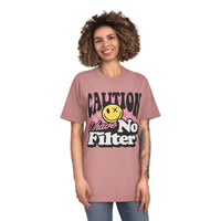 Printify eco-friendly unisex faded shirt in dusty pink with caution graphic and no filter text