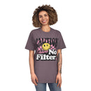 Printify eco-friendly unisex faded shirt with caution graphic and no filter text worn by smiling model