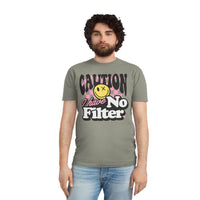 Printify eco-friendly unisex faded shirt with caution I have no filter graphic design on gray tee