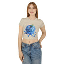 Eco friendly womens crop top by Printify featuring blue water splash graphic and short sleeves