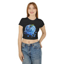 Printify black eco friendly womens crop top featuring blue water bubble apple design worn with jeans