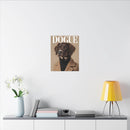 Printify canvas showing magazine style portrait of a dog in a coat titled DOGUE eco-friendly dog art print for modern wall decor