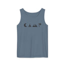 Printify eco-friendly unisex tank top in slate blue with minimalist moon tent mountain icons