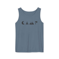 Printify eco-friendly unisex tank top in slate blue with minimalist moon tent mountain icons