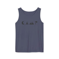 Printify eco-friendly unisex tank top slate blue with minimalist black camping icons moon tent mountains and axe