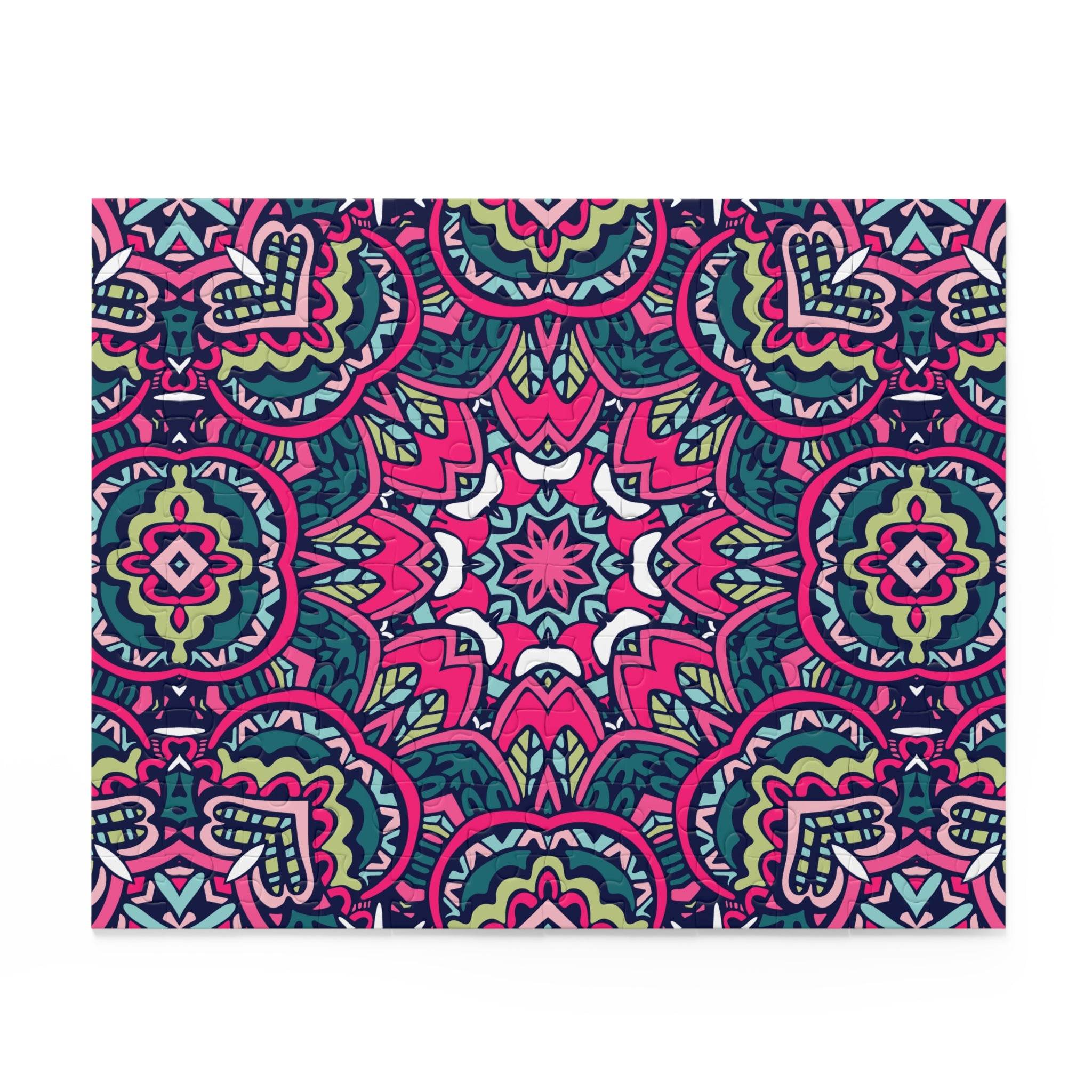 Colorful mystic mosaic puzzle with intricate geometric patterns in vibrant pink, green, and blue tones
