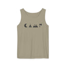 Printify khaki eco-friendly unisex tank top with minimalist black camping icons moon tent mountains axe