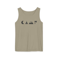 Printify khaki eco-friendly unisex tank top with minimalist black camping icons moon tent mountains axe