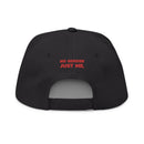 Back view of sustainable flat bill cap in black with red No Gender Just Me text by Printify