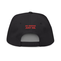 Back view of sustainable flat bill cap in black with red No Gender Just Me text by Printify