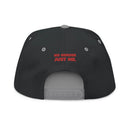 Printify sustainable flat bill cap in black with adjustable strap and red no gender just me text