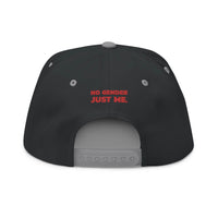 Printify sustainable flat bill cap in black with adjustable strap and red no gender just me text