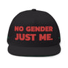 Printify sustainable flat bill cap in black with red No Gender Just Me text on front