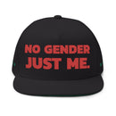 Printify sustainable flat bill cap in black with red No Gender Just Me text on front