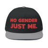 Printify sustainable flat bill cap in black and gray with red No Gender Just Me text