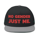 Printify sustainable flat bill cap in black and gray with red No Gender Just Me text