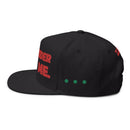 Black Printify sustainable flat bill cap with red and green printed design on the side
