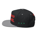 Printify sustainable flat bill cap in black with gray brim and red and green printed design