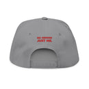 Gray sustainable flat bill cap from Printify with adjustable strap and red No Gender Just Me text