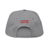Gray sustainable flat bill cap from Printify with adjustable strap and red No Gender Just Me text