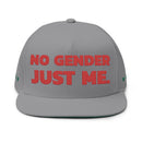 Gray sustainable flat bill cap from Printify with red No Gender Just Me text on front