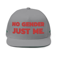 Gray sustainable flat bill cap from Printify with red No Gender Just Me text on front