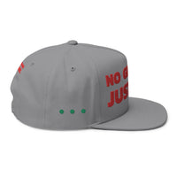Gray sustainable flat bill cap with red text design and green embroidered dots from Printify