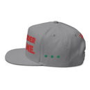 Gray Printify sustainable flat bill cap with red text design and green dot accents