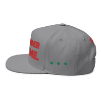 Gray Printify sustainable flat bill cap with red text design and green dot accents