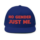 Blue sustainable flat bill cap by Printify with red text No Gender Just Me on front