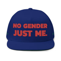 Blue sustainable flat bill cap by Printify with red text No Gender Just Me on front