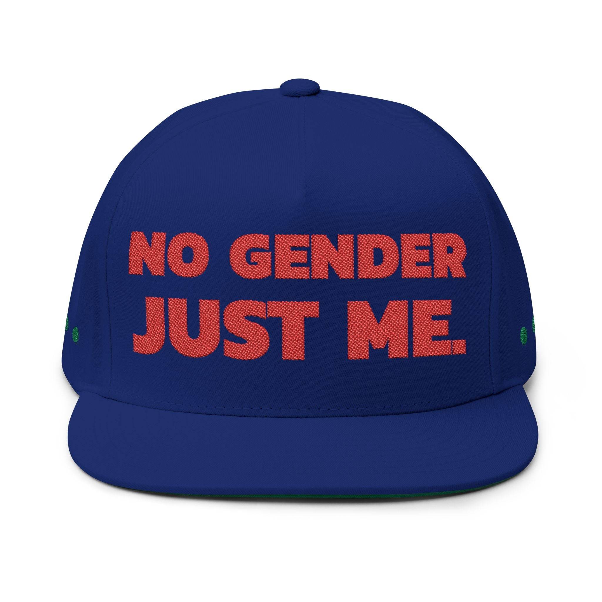 Blue sustainable flat bill cap by Printify with red text No Gender Just Me on front