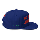Printify sustainable flat bill cap in navy blue with red text design on front and green dots on side