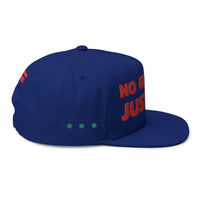 Printify sustainable flat bill cap in navy blue with red text design on front and green dots on side