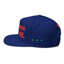 Navy Printify sustainable flat bill cap with red and green graphic accents on side