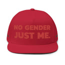 Red sustainable flat bill cap from Printify with No Gender Just Me embroidered text