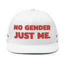White sustainable flat bill cap with red No Gender Just Me text on front by Printify