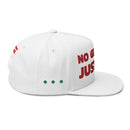 White sustainable flat bill cap with red text design and green dot accents by Printify