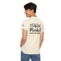 Printify eco-friendly unisex t-shirt in cream with back Off the Market graphic on a male model