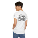 Printify model wearing white eco-friendly unisex t-shirt with Off The Market black back print smiling