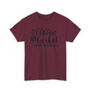Maroon Printify eco-friendly unisex t-shirt with black Off the Market script and small sleeve logos