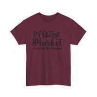 Maroon Printify eco-friendly unisex t-shirt with black Off the Market script and small sleeve logos